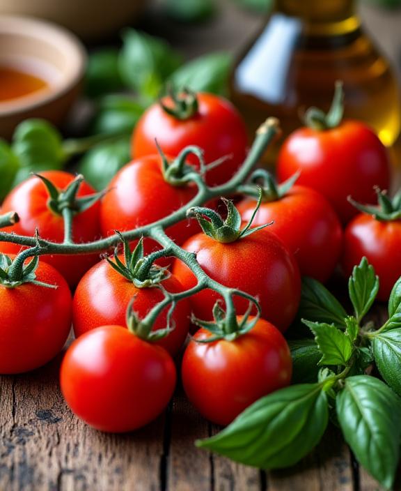 Ingredienti freschi Toscani, come pomodori, basilico e olio d'oliva.