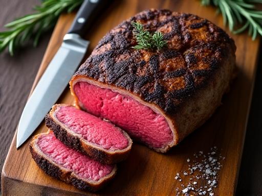 Una bistecca alla fiorentina appena cotta su un tagliere di legno.