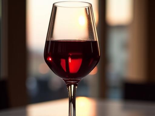 Un calice di vino rosso con lo sfondo di una finestra del ristorante.