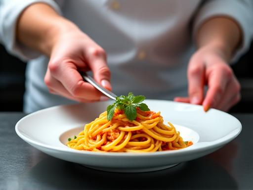 Lo chef mentre impianta con cura un piatto di pasta.