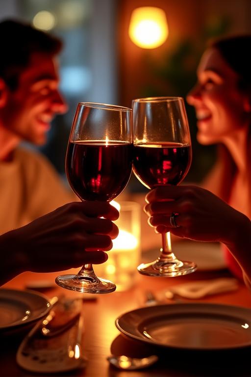Una coppia brinda con un bicchiere di vino rosso durante una cena.