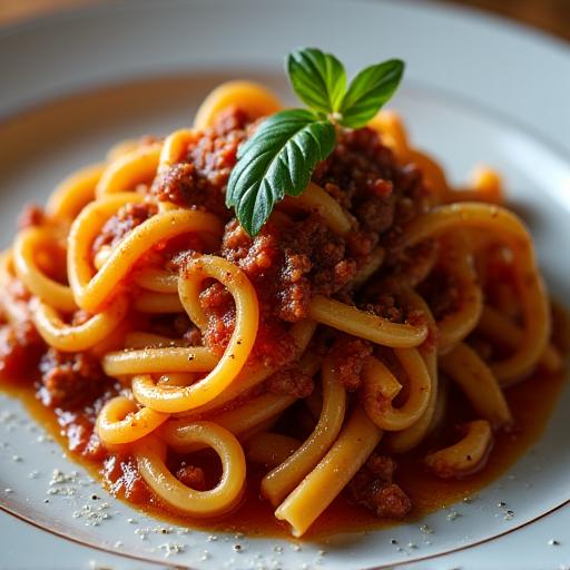 Piatto di pici fatti a mano al ragù di cinghiale.